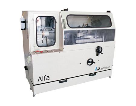 LGF Alu - Alfa. A Fully enclosed saw machine with adjustable feeding speed, tilting blades, and versatile working bench for precise cutting at various angles.