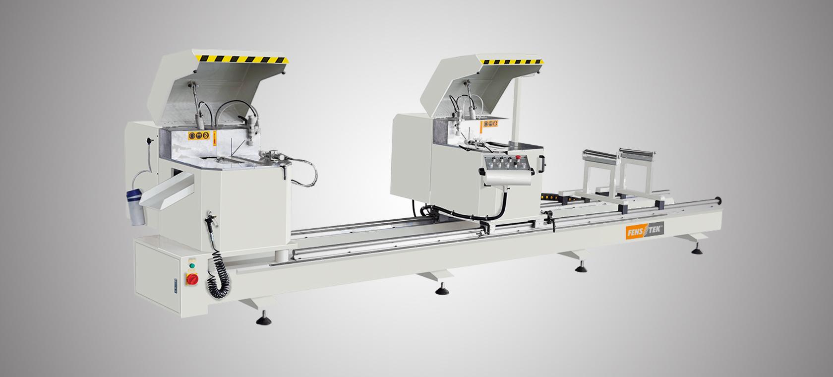 Fenstek DSD500 - A Double head saw machine for precise cutting of aluminum, window materials, and plastic profiles with adjustable blades and automated control.